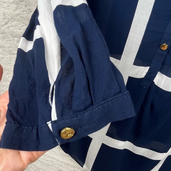 CYNTHIA ROWLEY Nautical Sheer Blouse Popover Navy Blue Window Pane Print Medium - Picture 9 of 16